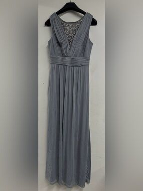 Melrose Bridal Inset Pleated Mesh Long Bridesmaid Dress in Gray New Size 10